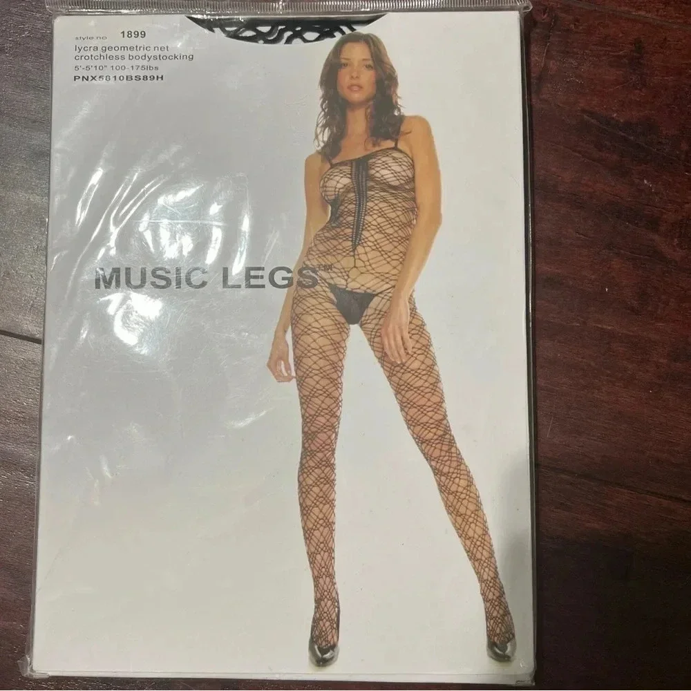 Music Legs Lycra Geometric Net Bodystocking Crotchless Lingerie Black NIB New